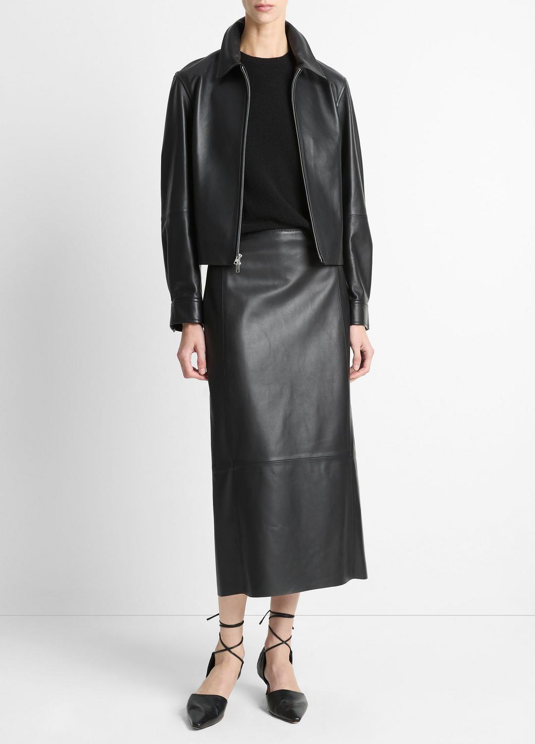 VINCE Leather Cropped Zip-Front Jacket in Jackets
