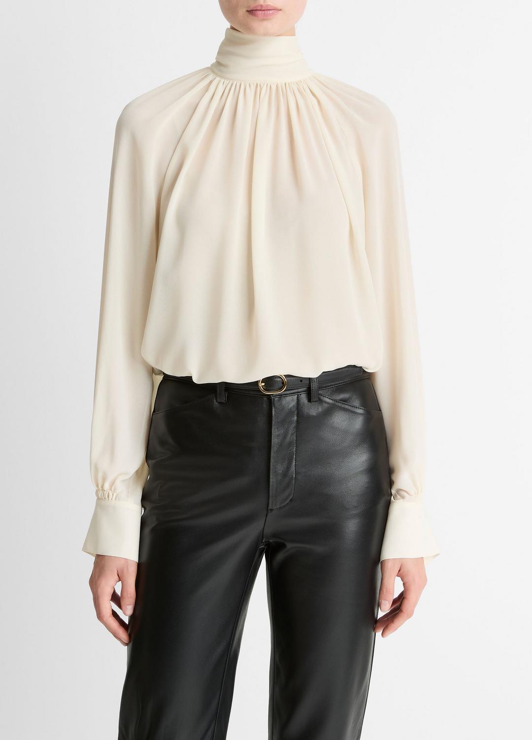 VINCE Gathered Draped-Neck Crepe Blouse in Long Sleeve