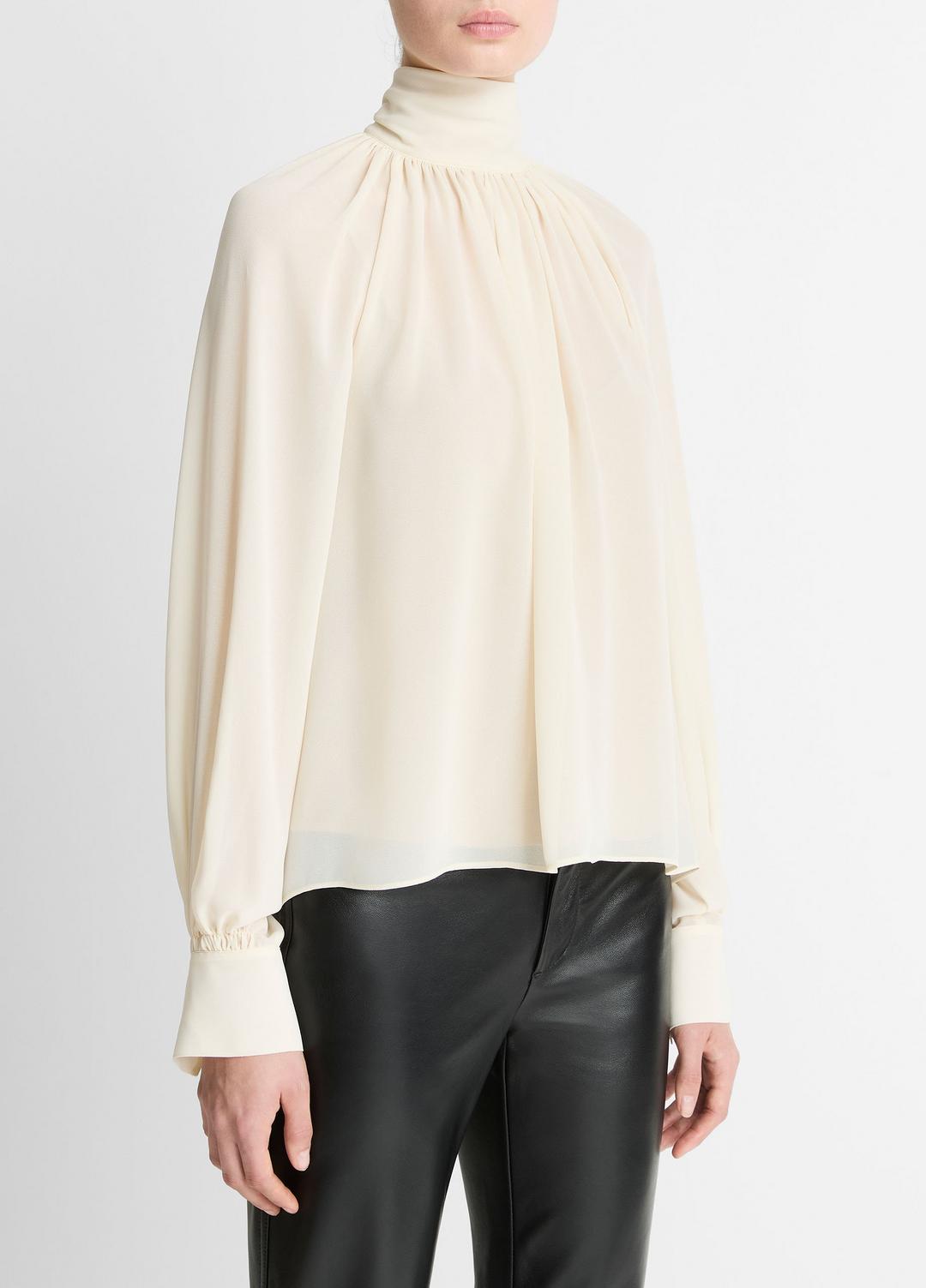 VINCE Gathered Draped-Neck Crepe Blouse in Long Sleeve