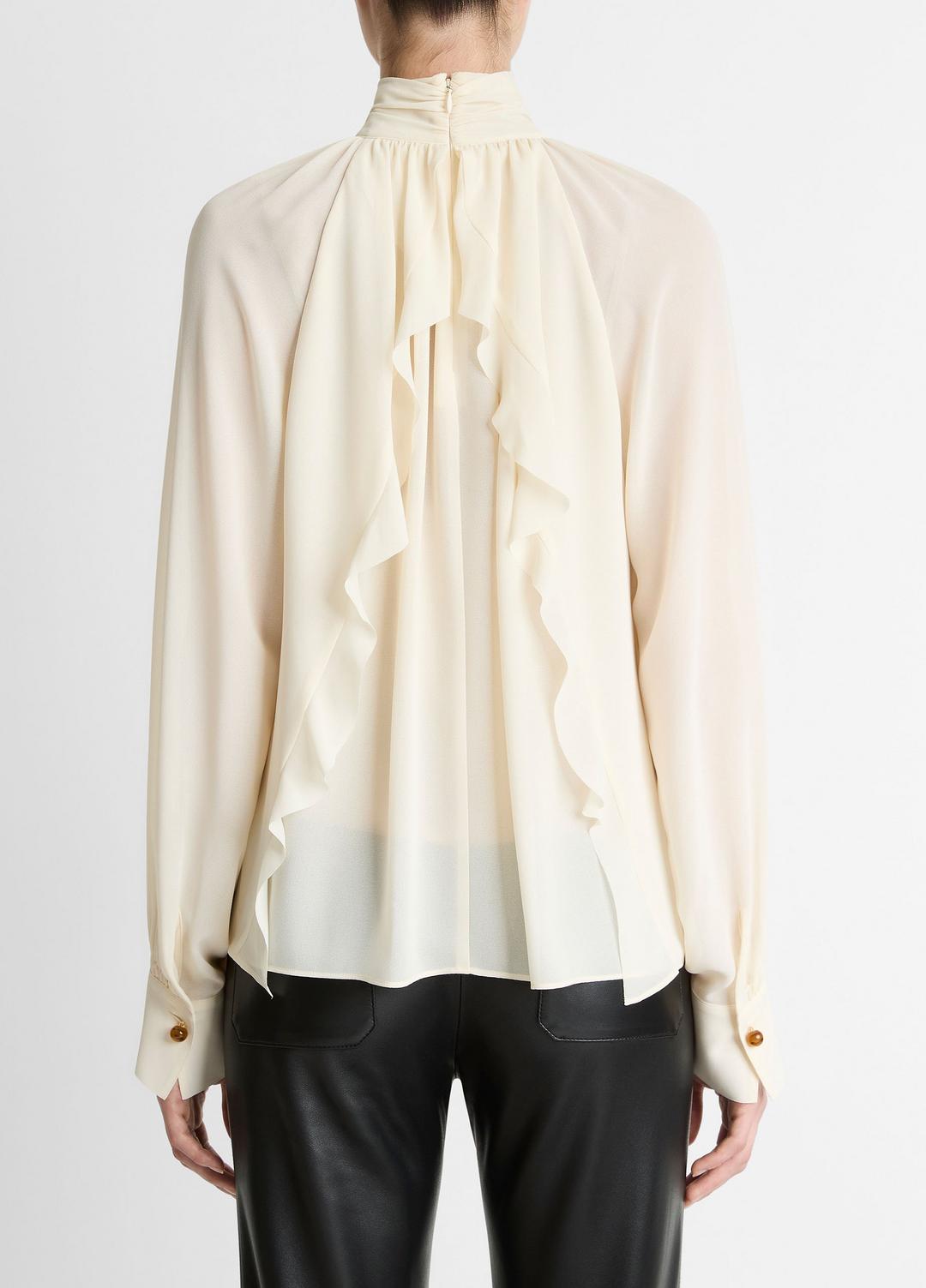 VINCE Gathered Draped-Neck Crepe Blouse in Long Sleeve