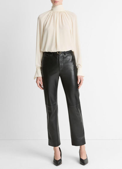 VINCE Gathered Draped-Neck Crepe Blouse in Long Sleeve