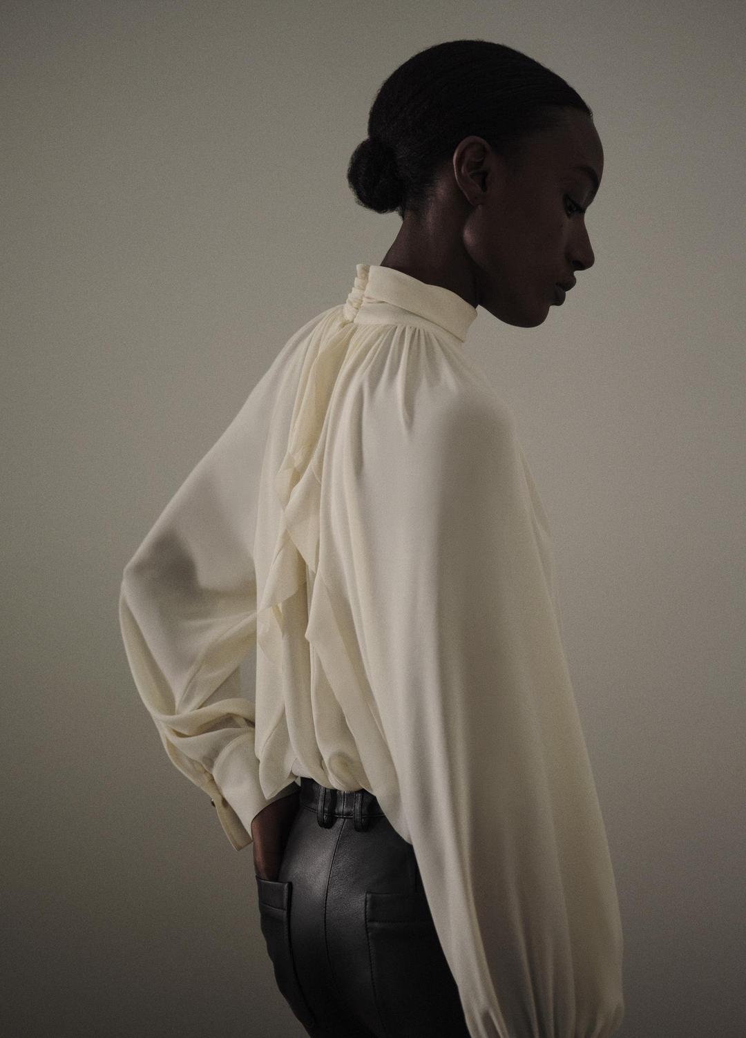 VINCE Gathered Draped-Neck Crepe Blouse in Long Sleeve