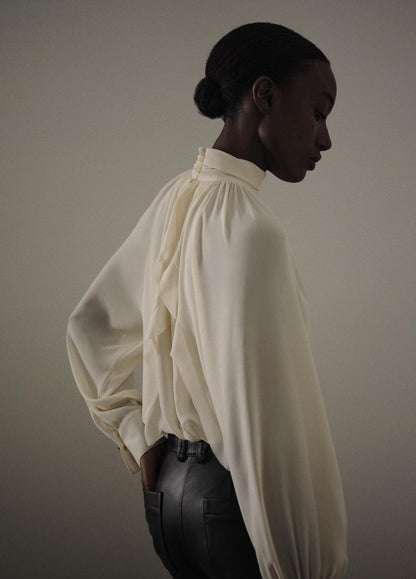 VINCE Gathered Draped-Neck Crepe Blouse in Long Sleeve