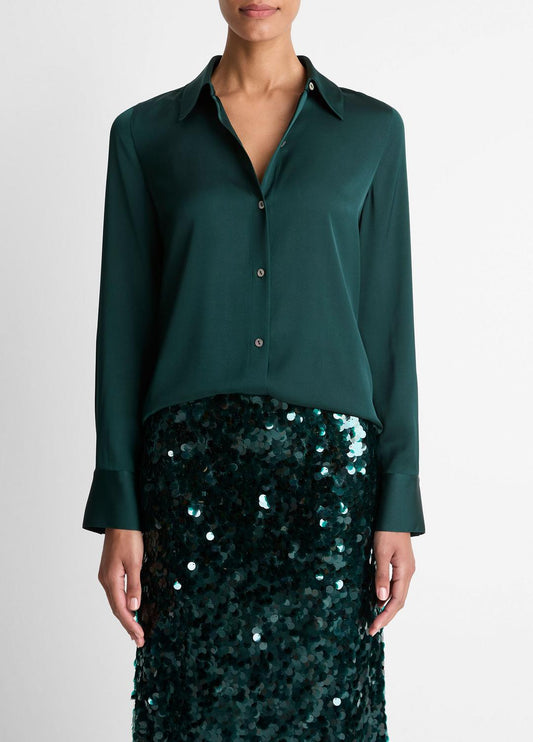 VINCE Silk-Blend Slim Button-Front Blouse in Long Sleeve