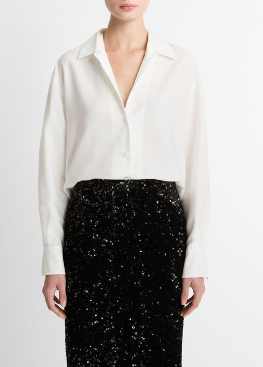 VINCE Refined Twill Covered-Button Shirt in Long Sleeve