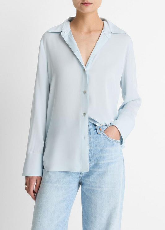 VINCE Stretch-Silk Button-Front Blouse in Long Sleeve