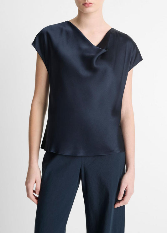 VINCE Silk Cowl-Neck Blouse in Short Sleeve