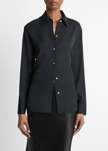 VINCE Stretch-Silk Button-Front Blouse in Long Sleeve