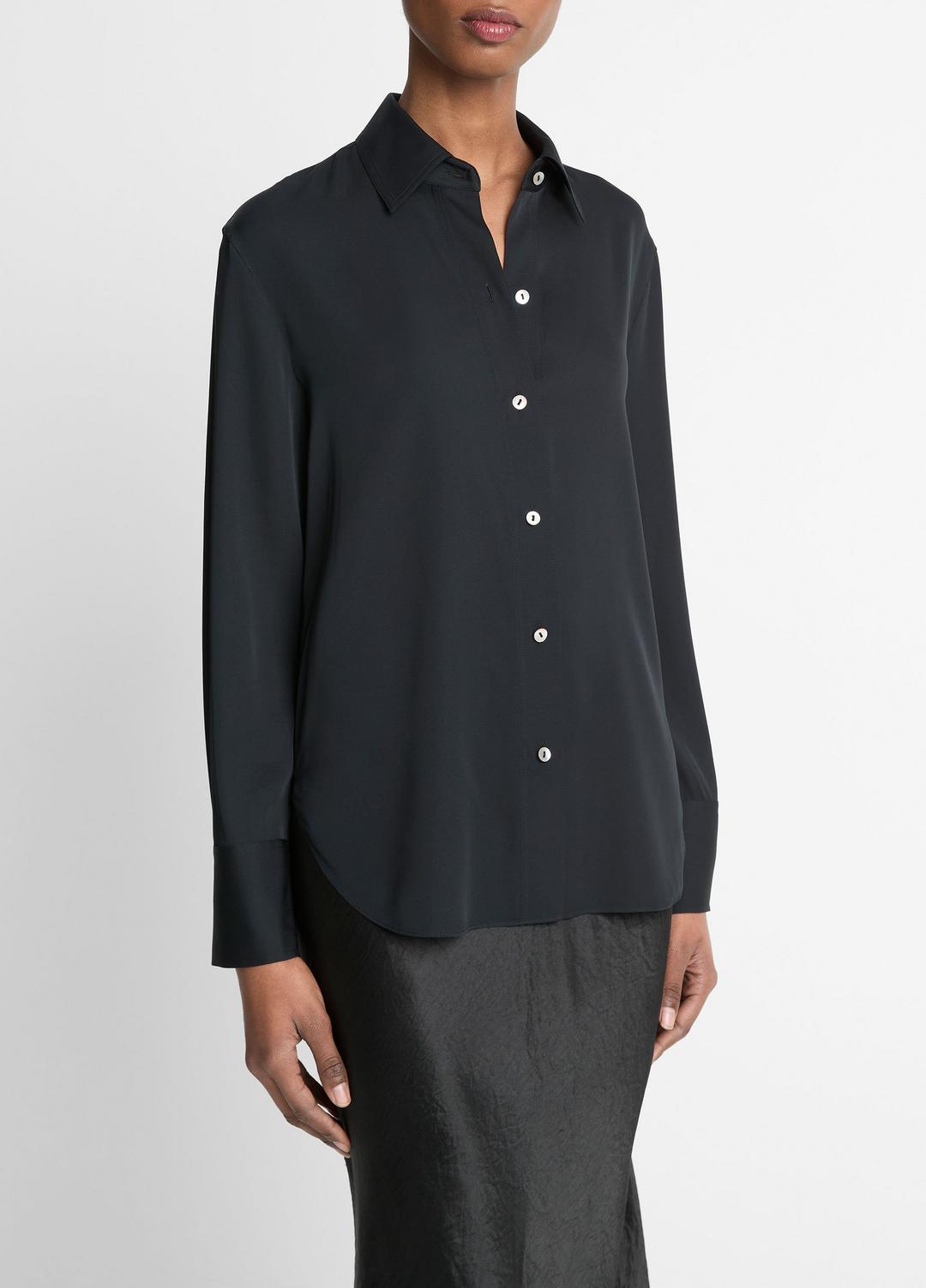 VINCE Stretch-Silk Button-Front Blouse in Long Sleeve