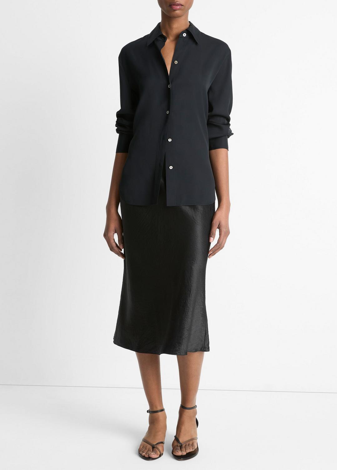 VINCE Stretch-Silk Button-Front Blouse in Long Sleeve
