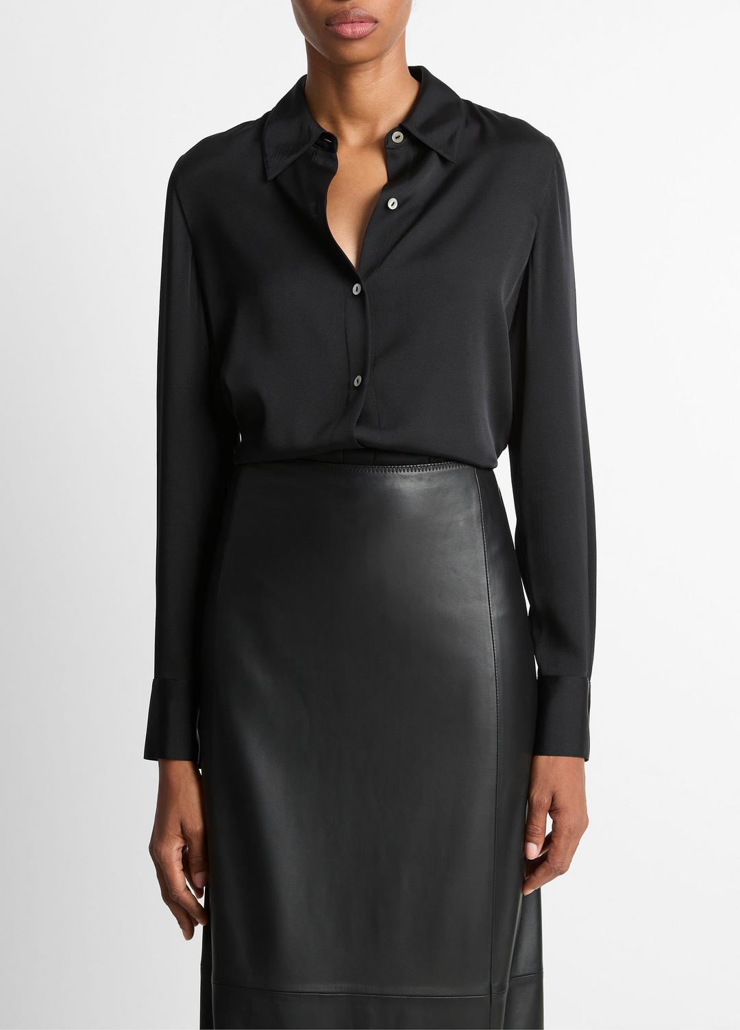 VINCE Silk-Blend Slim Button-Front Blouse in Long Sleeve