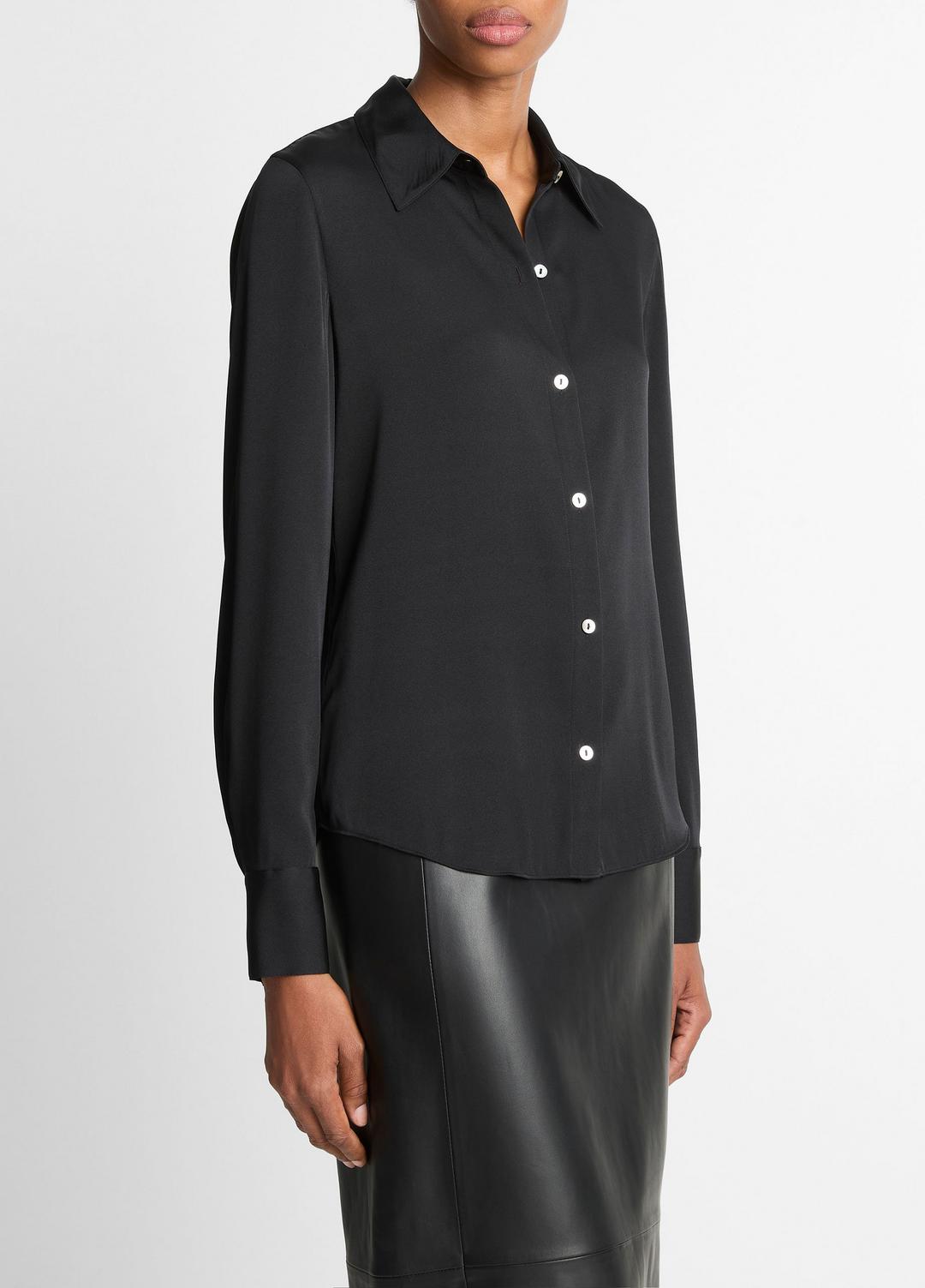 VINCE Silk-Blend Slim Button-Front Blouse in Long Sleeve