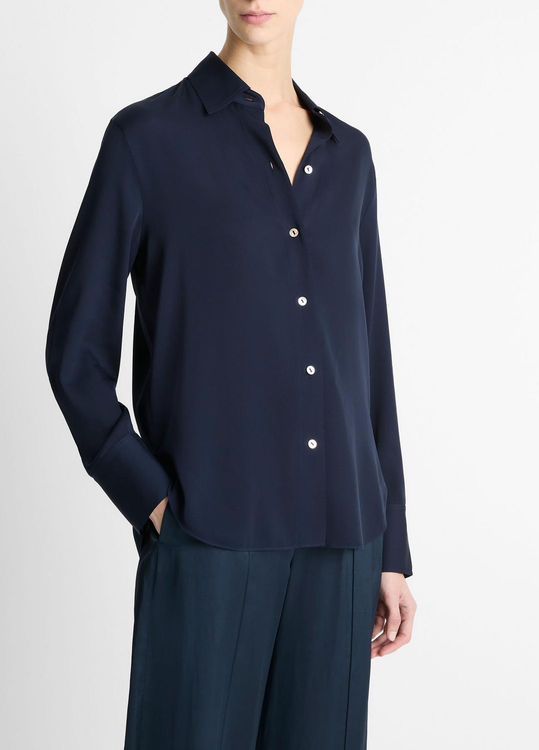 VINCE Stretch-Silk Button-Front Blouse in Long Sleeve