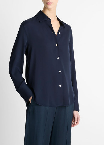 VINCE Stretch-Silk Button-Front Blouse in Long Sleeve