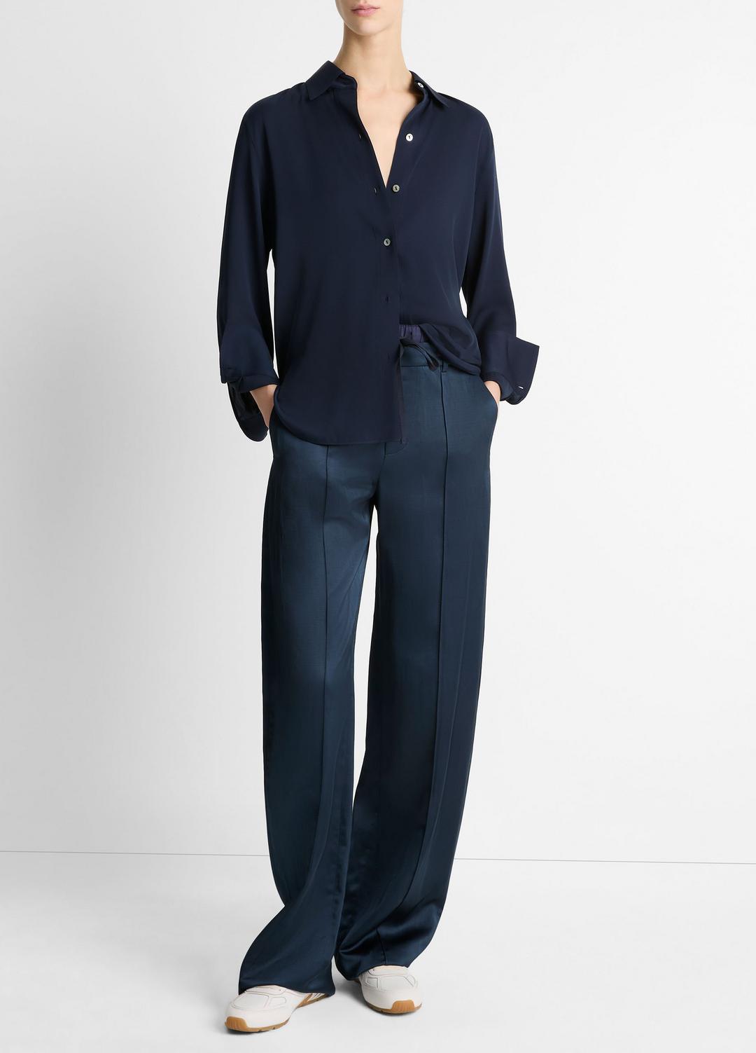 VINCE Stretch-Silk Button-Front Blouse in Long Sleeve