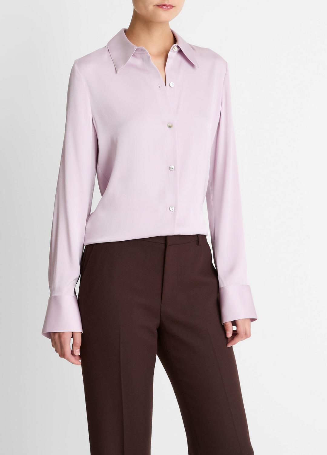 VINCE Silk-Blend Slim Button-Front Blouse in Long Sleeve