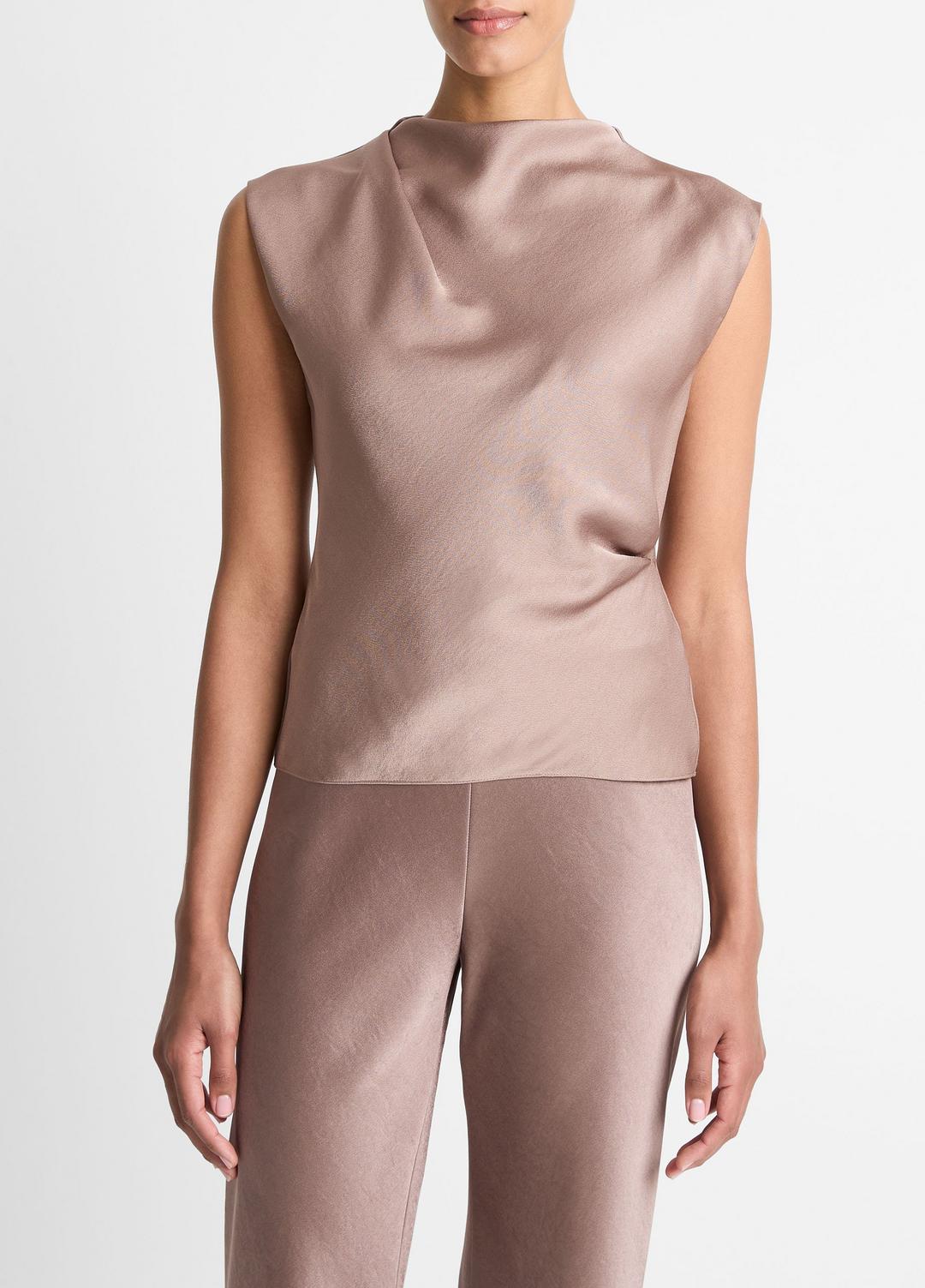 VINCE Satin Draped Cowl-Neck Top in Tank Tops