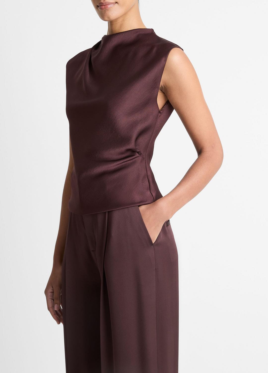 VINCE Satin Draped Cowl-Neck Top in Tank Tops
