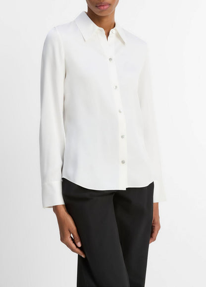 VINCE Silk-Blend Slim Button-Front Blouse in Long Sleeve