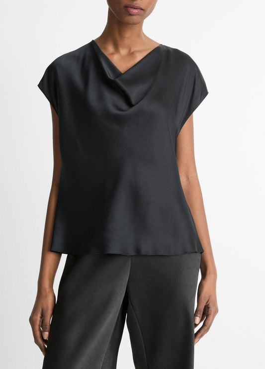 VINCE Silk Cowl-Neck Blouse in Short Sleeve