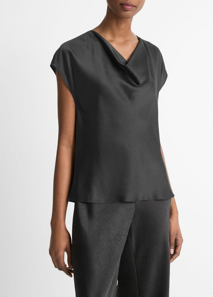 VINCE Silk Cowl-Neck Blouse in Short Sleeve