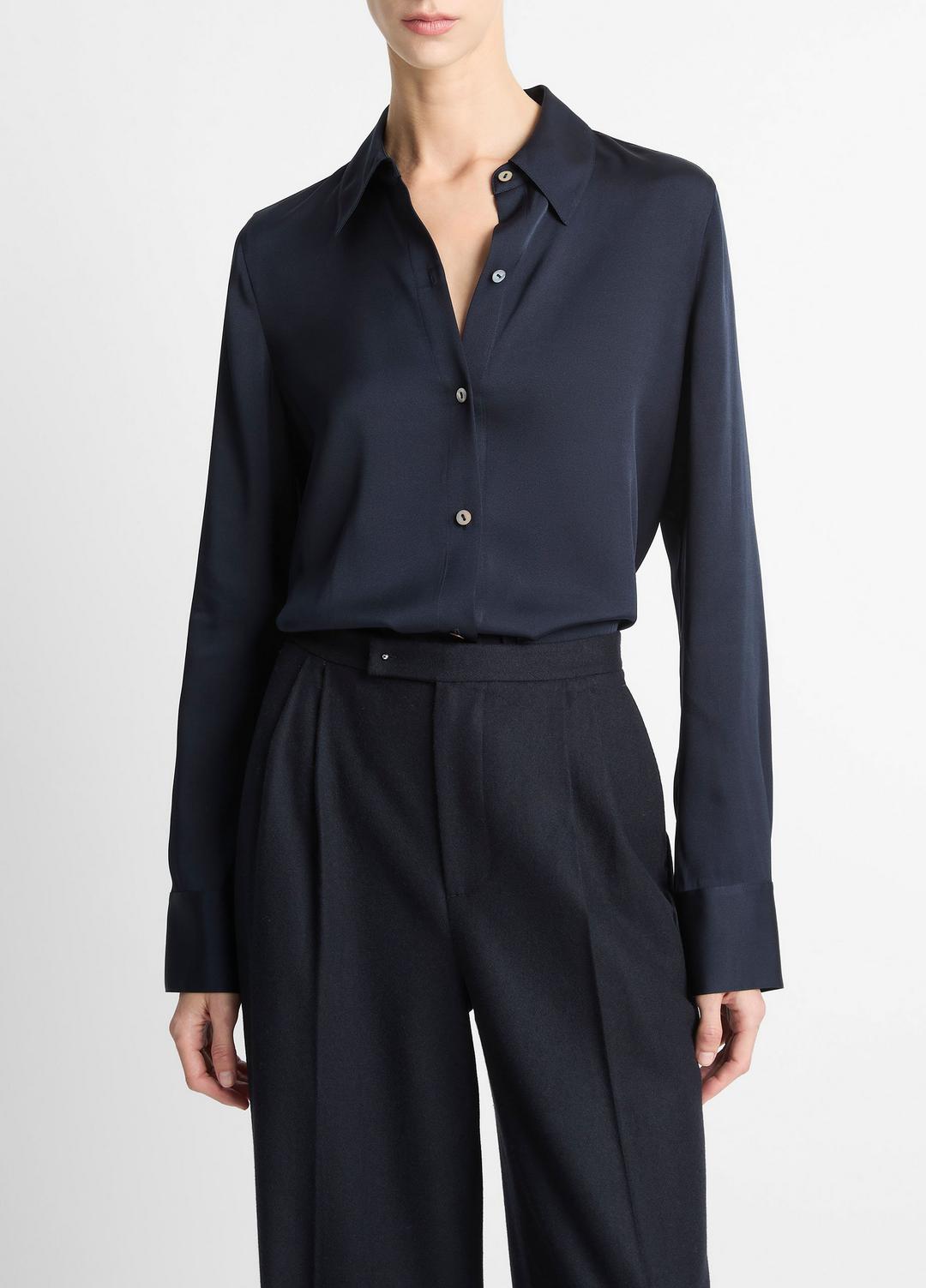 VINCE Silk-Blend Slim Button-Front Blouse in Long Sleeve