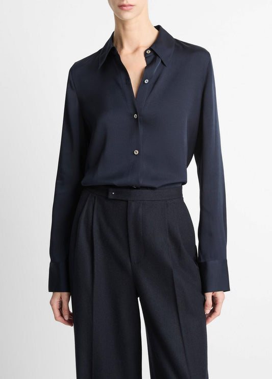 VINCE Silk-Blend Slim Button-Front Blouse in Long Sleeve