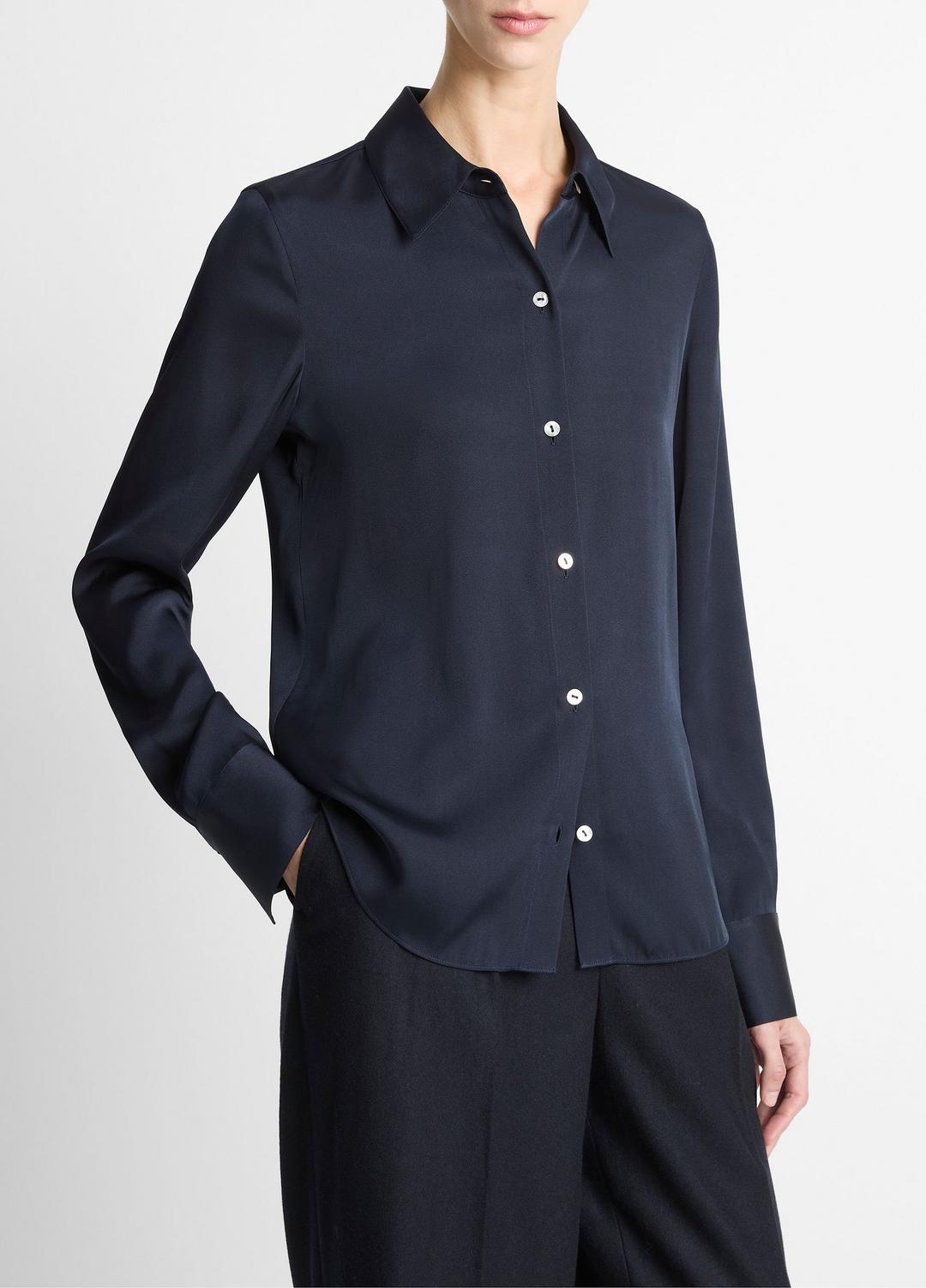 VINCE Silk-Blend Slim Button-Front Blouse in Long Sleeve