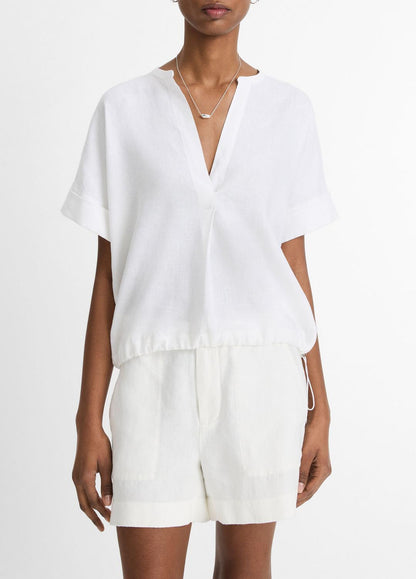 VINCE Linen Drawcord-Hem Blouse in Short Sleeve