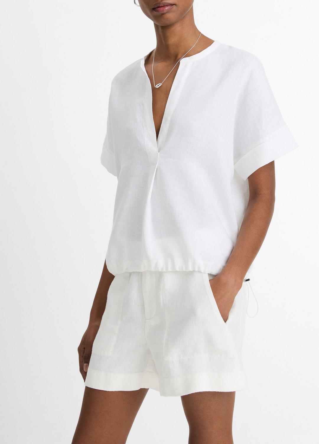 VINCE Linen Drawcord-Hem Blouse in Short Sleeve