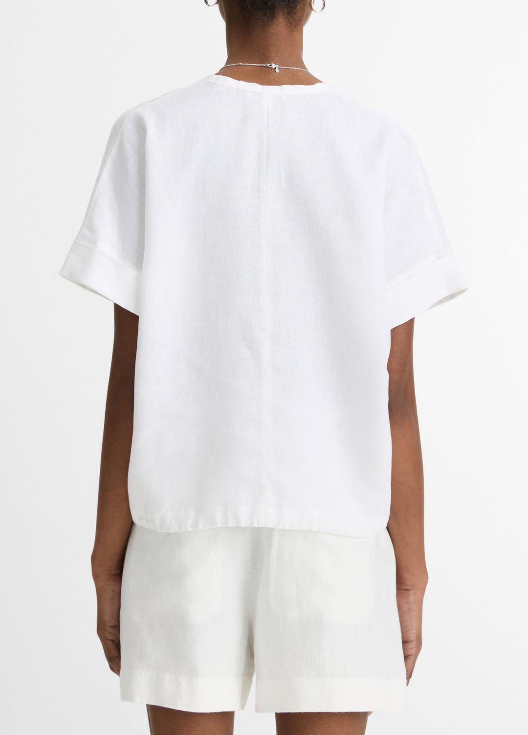 VINCE Linen Drawcord-Hem Blouse in Short Sleeve