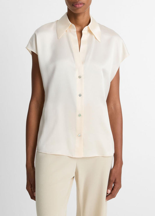VINCE Silk Cap-Sleeve Ruched-Back Blouse in Short Sleeve