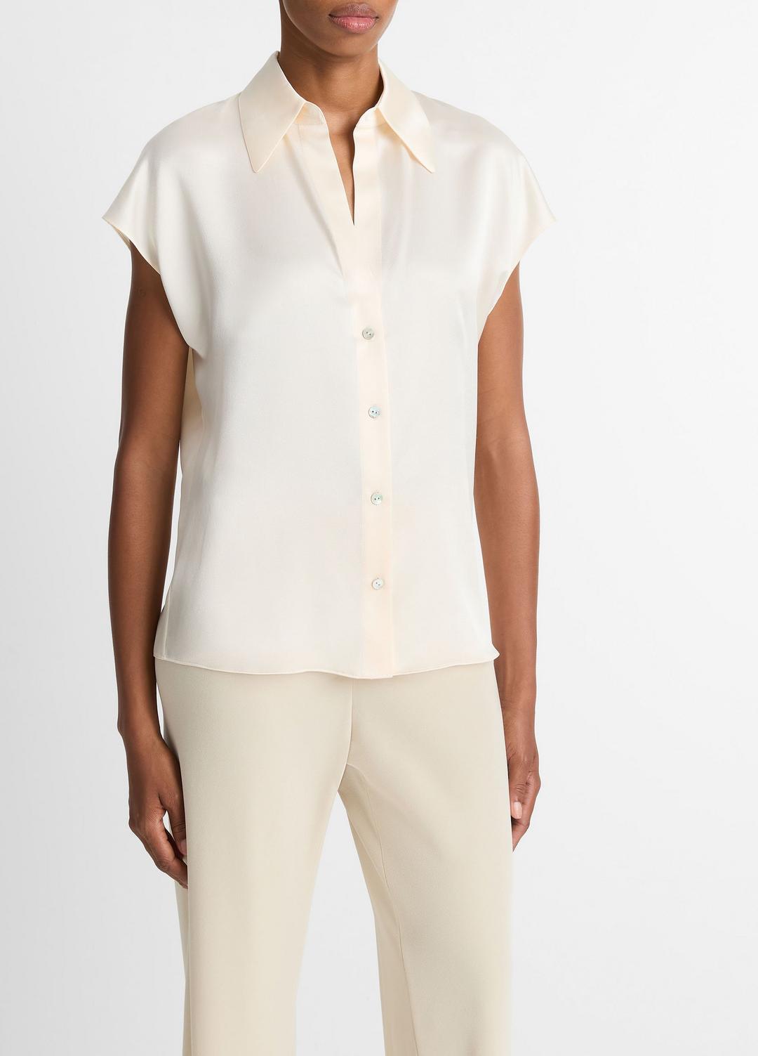 VINCE Silk Cap-Sleeve Ruched-Back Blouse in Short Sleeve
