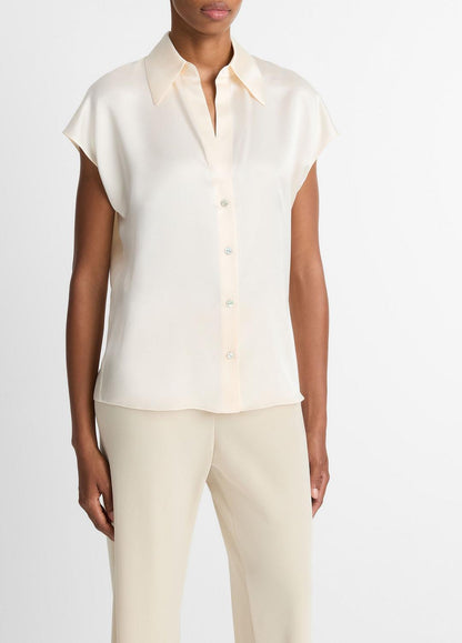 VINCE Silk Cap-Sleeve Ruched-Back Blouse in Short Sleeve