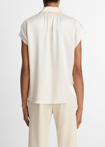 VINCE Silk Cap-Sleeve Ruched-Back Blouse in Short Sleeve