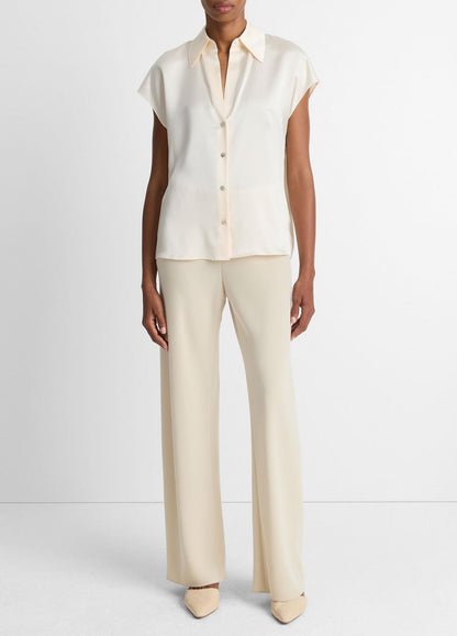 VINCE Silk Cap-Sleeve Ruched-Back Blouse in Short Sleeve