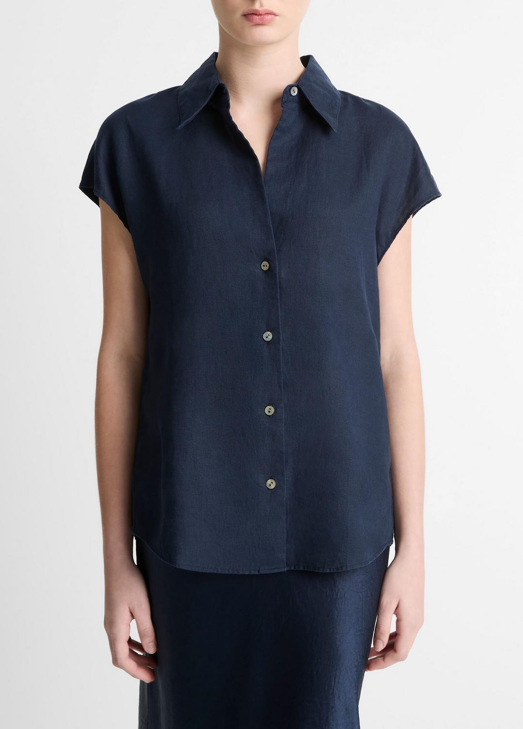 VINCE Linen Cap-Sleeve Button-Front Blouse in Short Sleeve