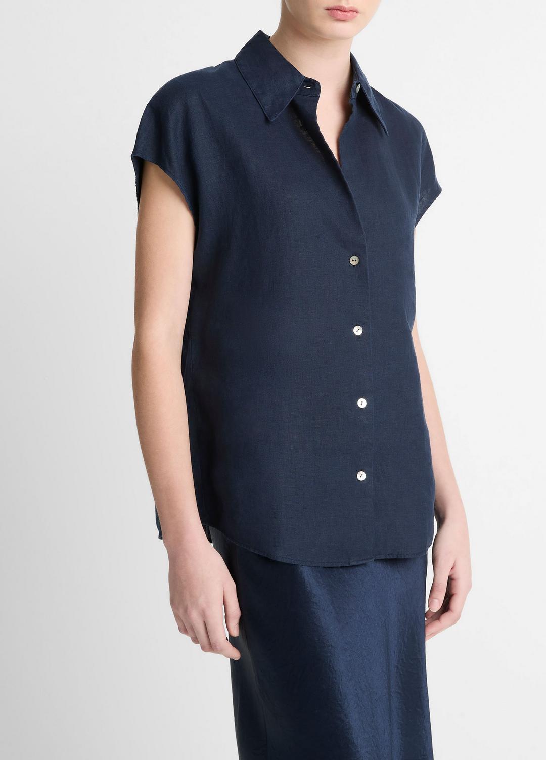 VINCE Linen Cap-Sleeve Button-Front Blouse in Short Sleeve