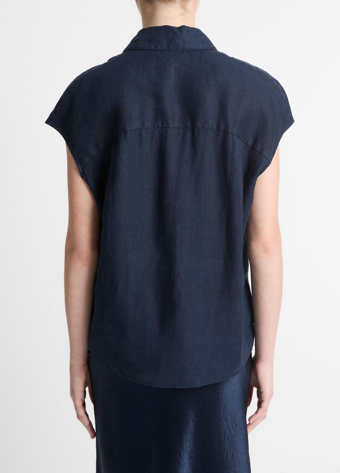 VINCE Linen Cap-Sleeve Button-Front Blouse in Short Sleeve