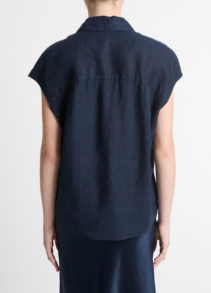 VINCE Linen Cap-Sleeve Button-Front Blouse in Short Sleeve