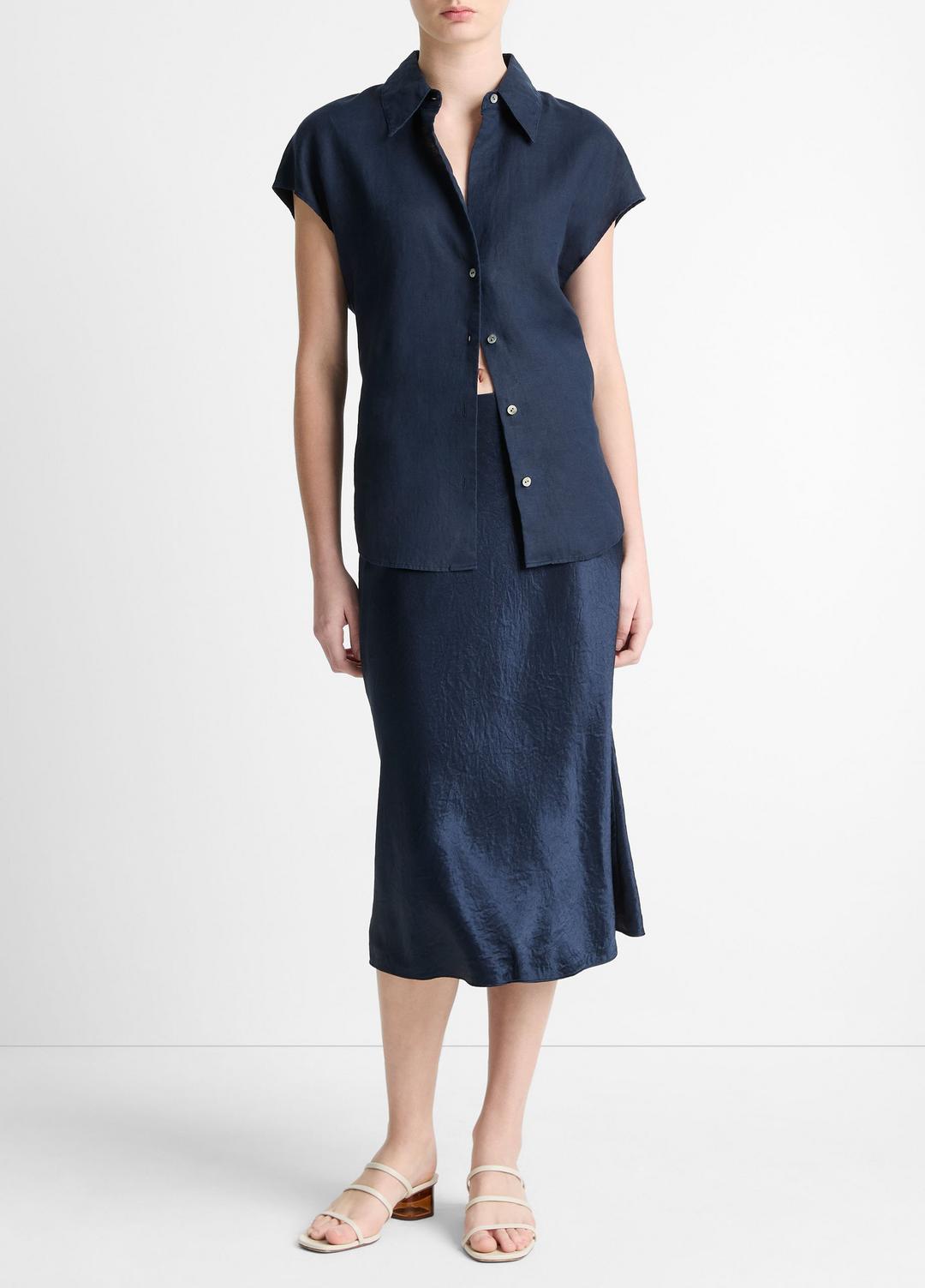 VINCE Linen Cap-Sleeve Button-Front Blouse in Short Sleeve