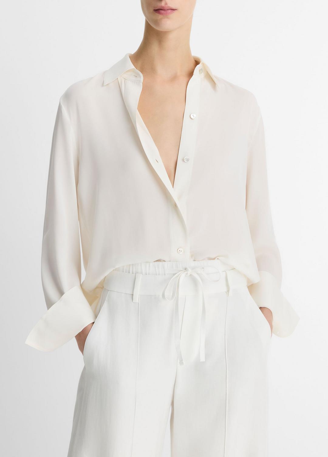 VINCE Stretch-Silk Button-Front Blouse in Long Sleeve