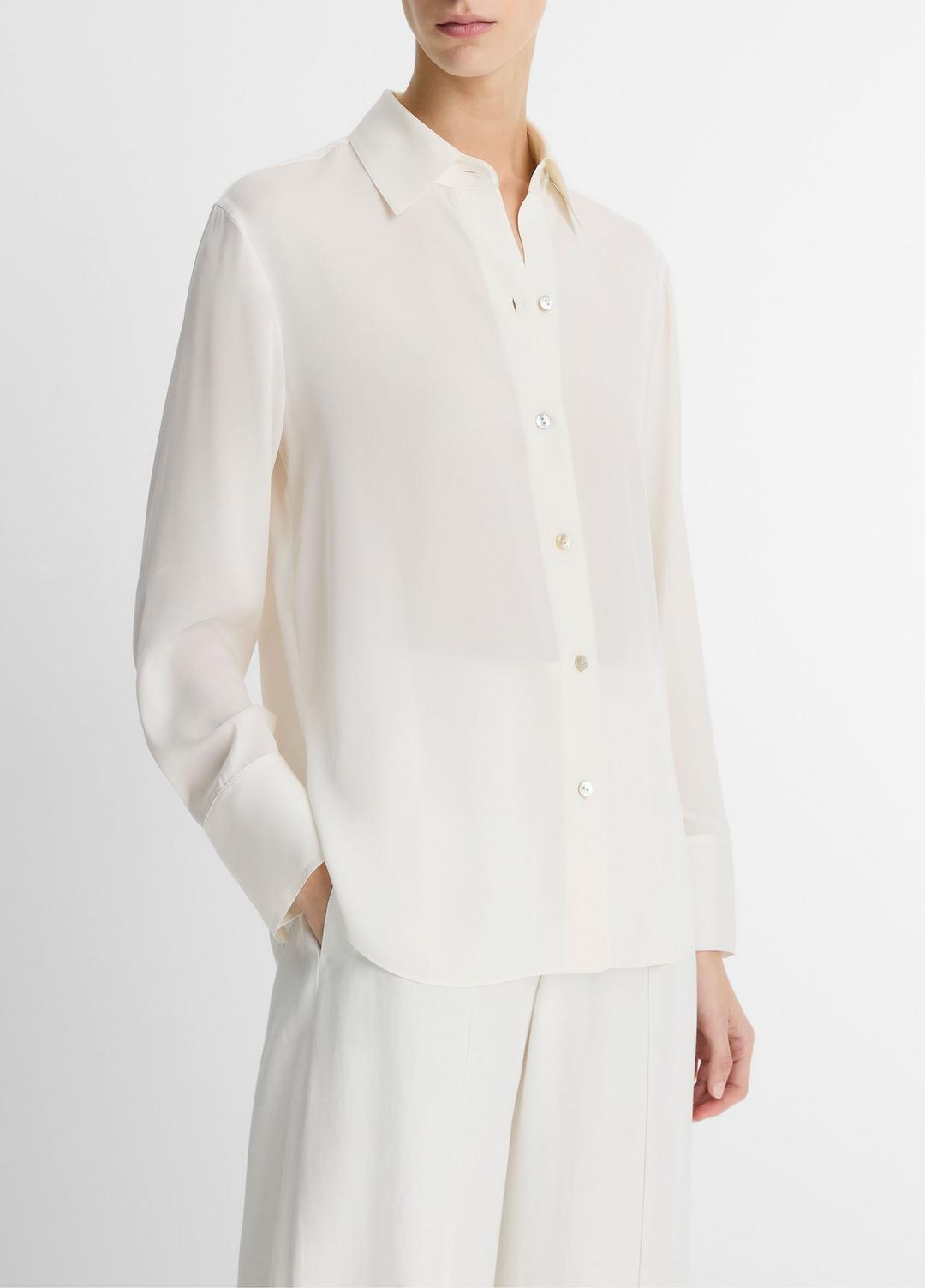 VINCE Stretch-Silk Button-Front Blouse in Long Sleeve