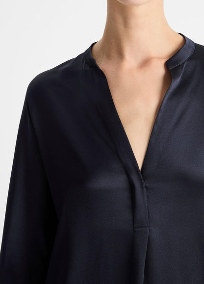 VINCE Silk Satin Band-Collar Blouse in Long Sleeve