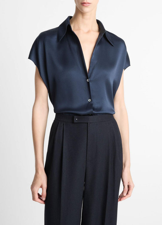 VINCE Silk Cap-Sleeve Ruched-Back Blouse in Short Sleeve