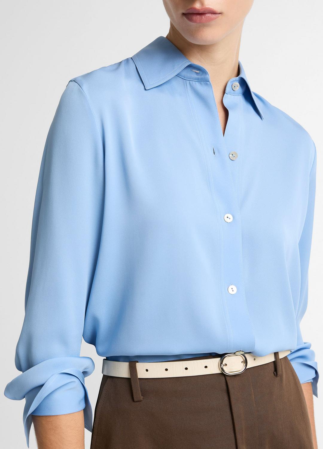 VINCE Stretch-Silk Button-Front Blouse in Long Sleeve