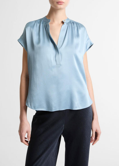 VINCE Silk Gathered Cap-Sleeve Blouse in Short Sleeve