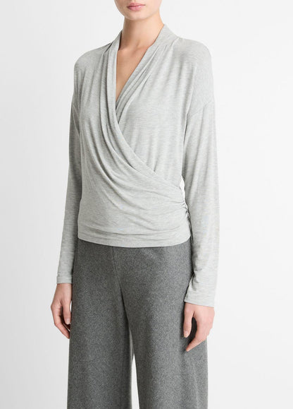 VINCE Relaxed Fixed-Wrap Jersey Top in Long Sleeve