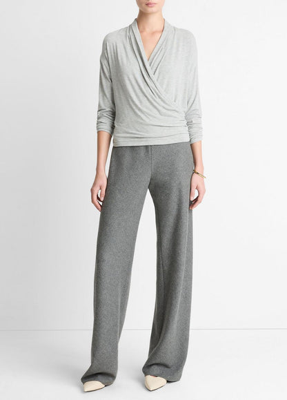 VINCE Relaxed Fixed-Wrap Jersey Top in Long Sleeve