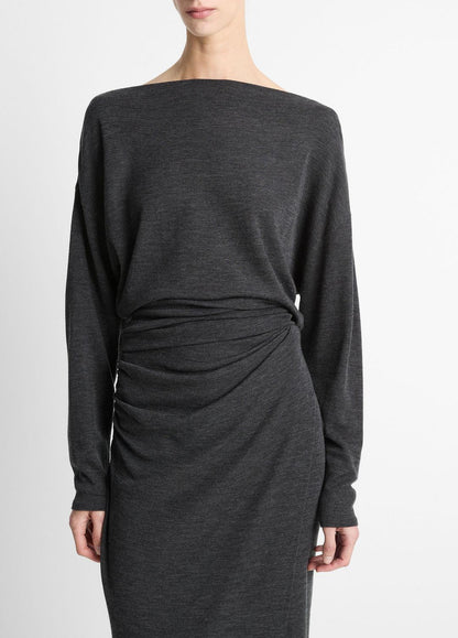 VINCE Draped Wool-Blend Slash-Neck Top in Long Sleeve